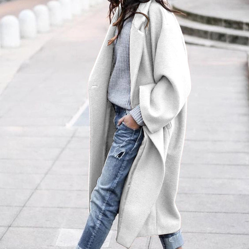 Casual Long Jacket With Pockets Solid Color Single Breasted Lapel Woolen Coat For Women Warm Winter Clothing Image