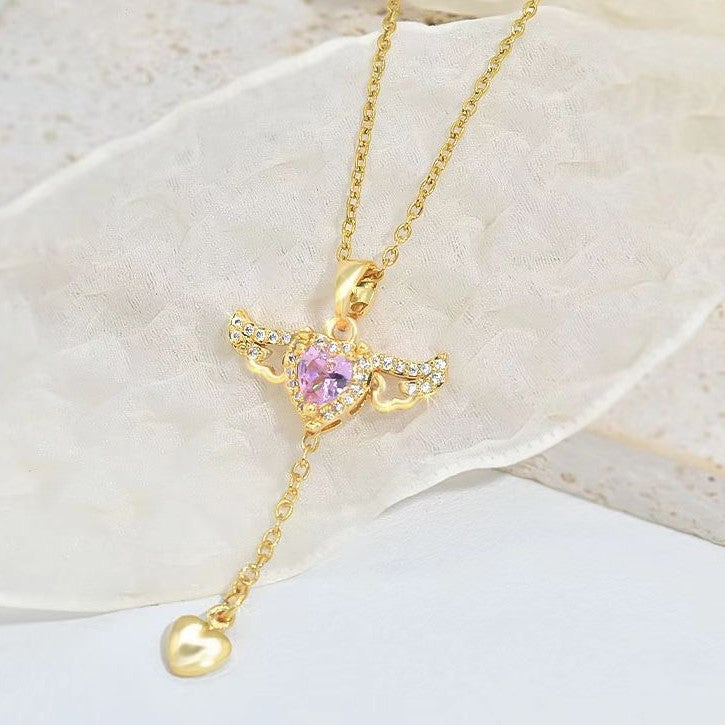 Cupid Heart Angel Wings Tassel Necklace Clavicle Chain Women Jewelry Gift Valentine's Day Image