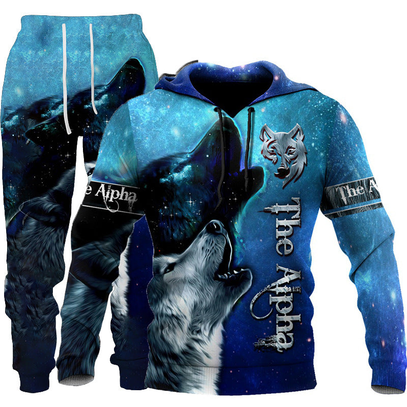 3D Wolf Print Tracksuit Men Sportswear Hooded Sweatsuit Two Piece Outdoors Running Fitness Mens Clothing Jogging Set Image