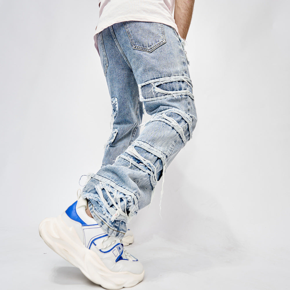 High Street Trousers Man's Pants Full Length Patched Straight Fit Men's Hip Hop Jeans Image