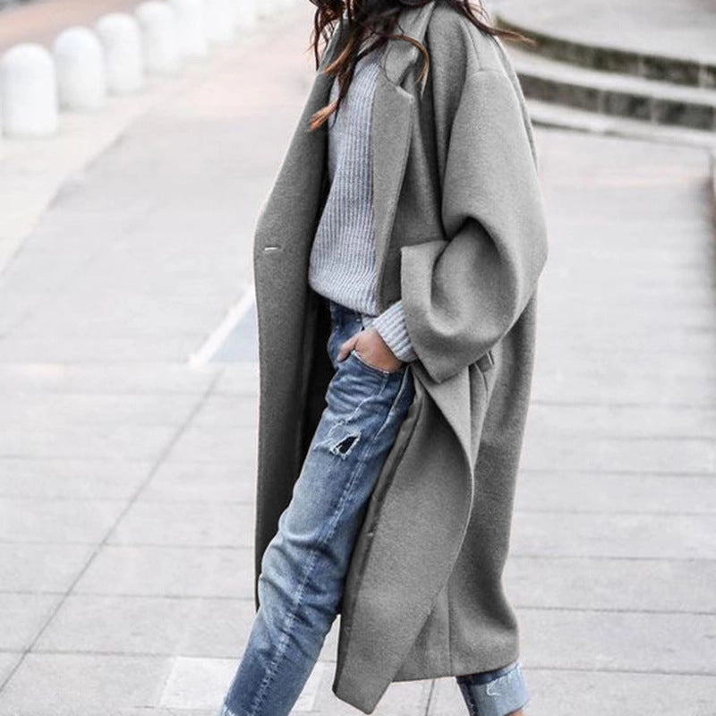 Casual Long Jacket With Pockets Solid Color Single Breasted Lapel Woolen Coat For Women Warm Winter Clothing Image