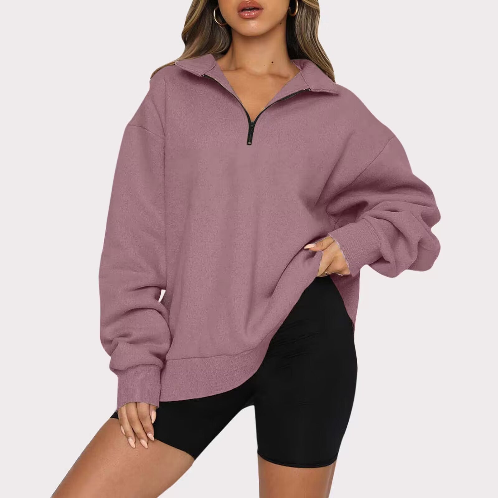 Women Sweatshirts Zip Turndown Collar Loose Casual Tops Clothes Image