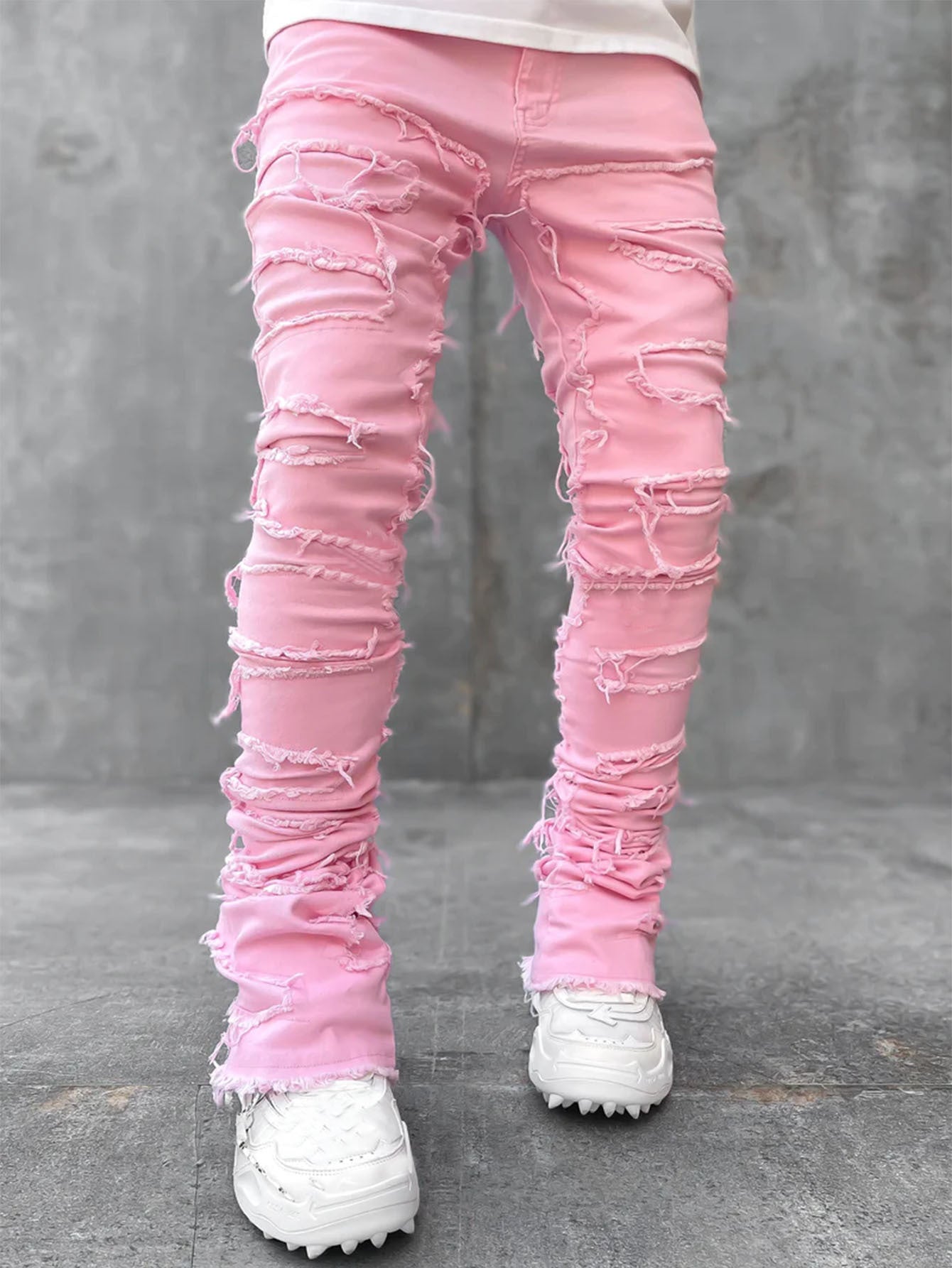 Men Trousers Individual Patched Pants Long Tight Fit Stacked Jeans For Mens Clothing Image