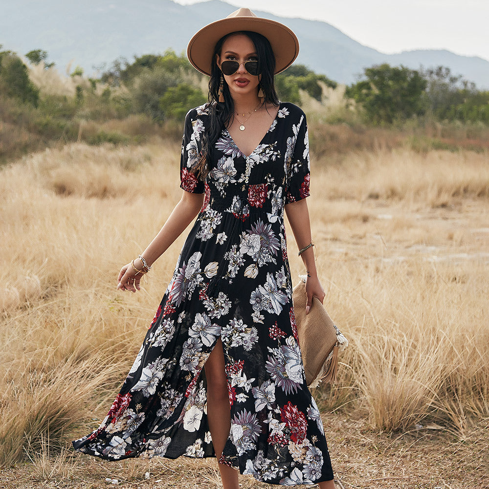 Floral Summer Beach Dress With V Neck Elastic Waist Dresses For Women Image