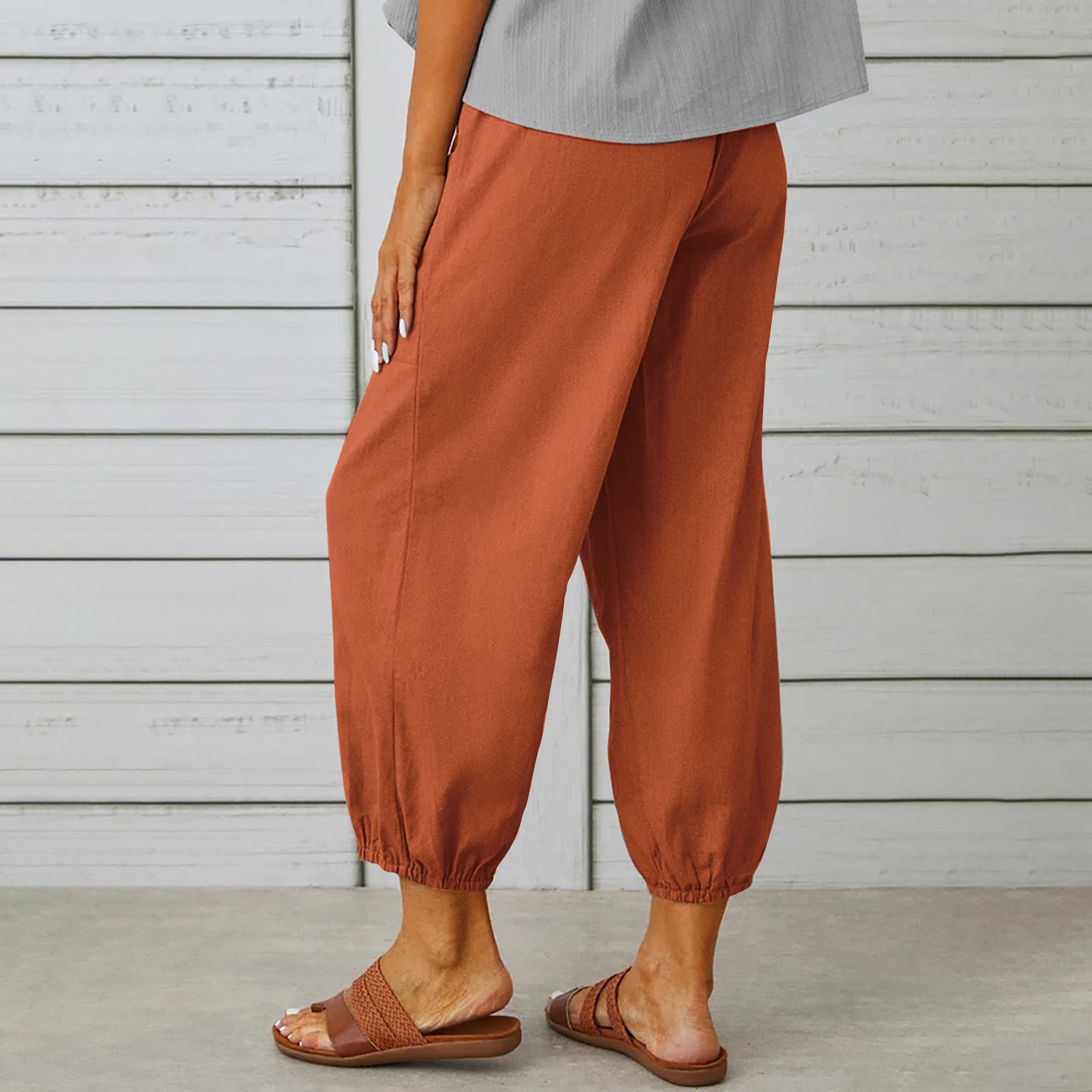 Women Drawstring Tie Pants Spring Summer Cotton And Linen Trousers With Pockets Button Image