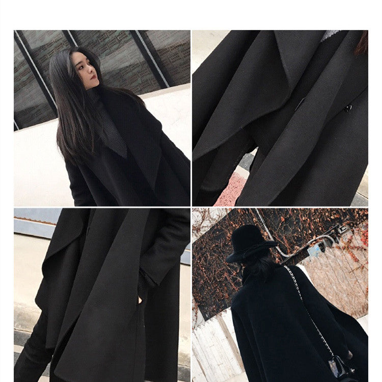 Black Medium Long Irregular Loose Cloak Woolen Coat Image