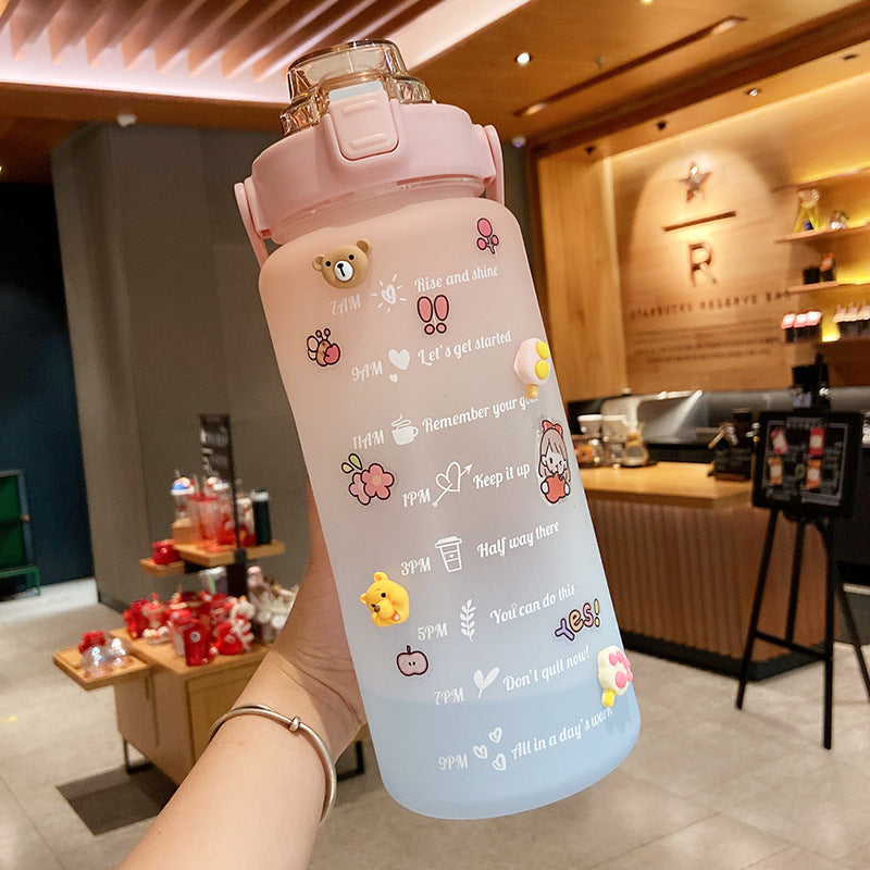 Stickers Water Bottle With Straw 2000ml Cute Portable Scale Bottle Image