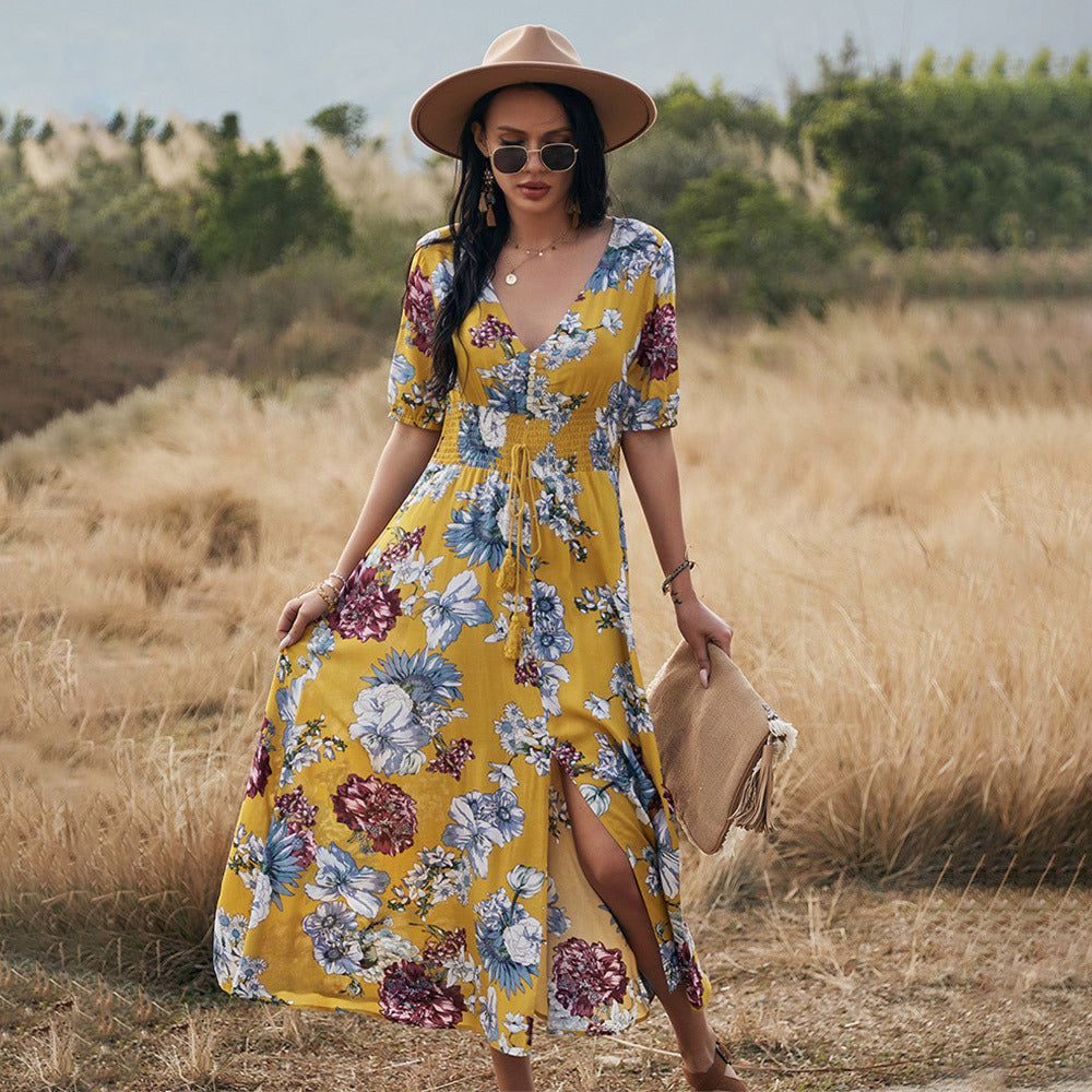 Floral Summer Beach Dress With V Neck Elastic Waist Dresses For Women Image