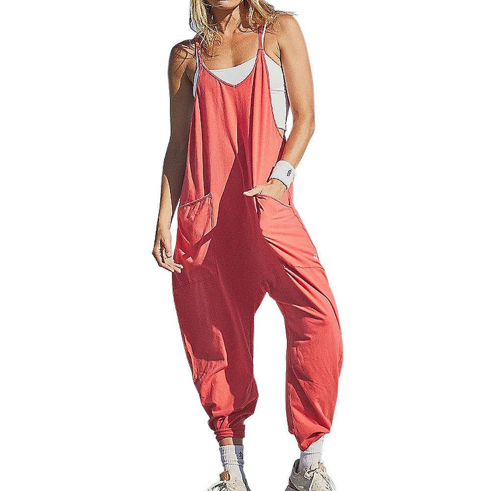 Summer Women's Loose Sleeveless Jumpsuits Spaghetti Strap Long Pant Romper Jumpsuit With Pockets Zipper Image