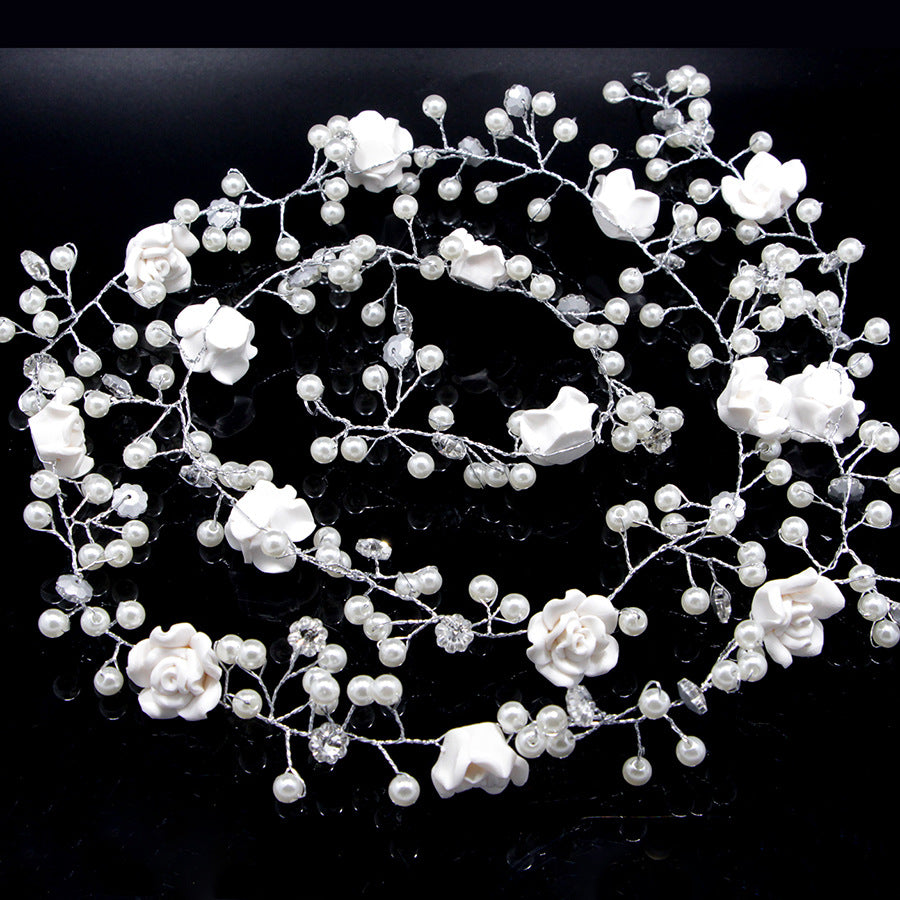 Bride's wedding photo building with makeup handmade pearl white flowers and long soft chain hair chain 1 meters 1 Image