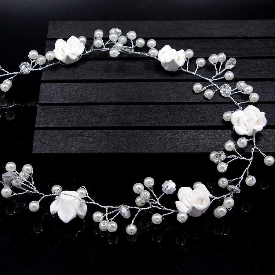 Bride's wedding photo building with makeup handmade pearl white flowers and long soft chain hair chain 1 meters 1 Image