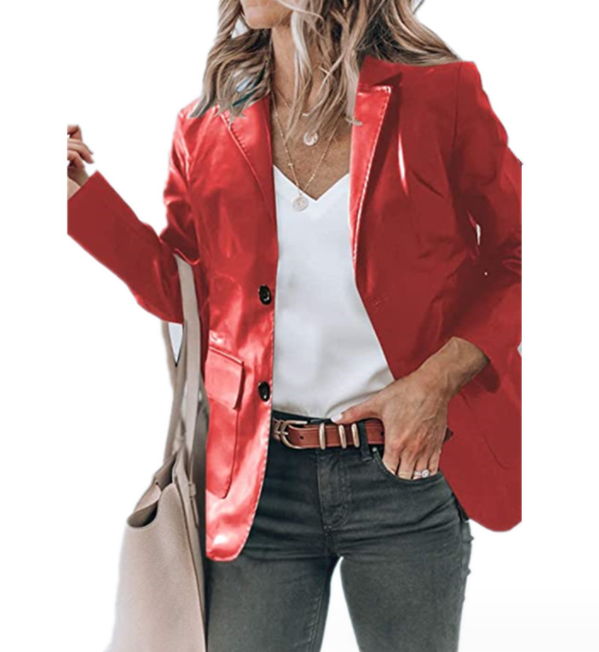 Lapel Single Breasted Solid Color PU Leather Women's Coat Image