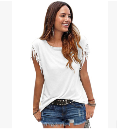 Wish quick sale eBay ladies Europe and America big size round neck short sleeve cuffs tassel T-shirt cotton tops Image