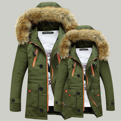 2021 new men's cotton winter fur collar fashion cotton clothing warm jacket cotton jacket long solid color men's clothing