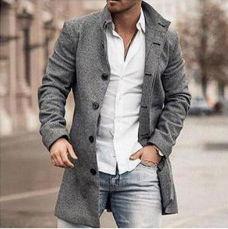 New men's woolen stand collar mid-length casual coat with pockets Image