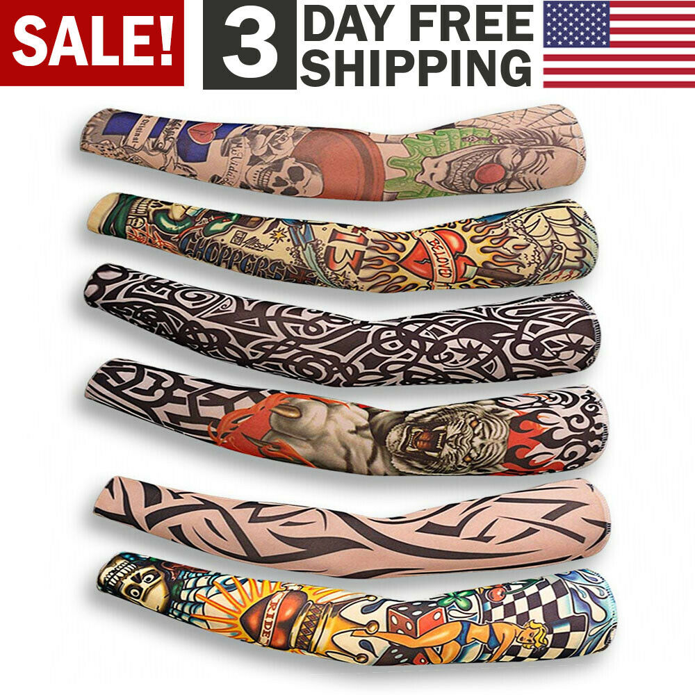 Fake Temporary Tattoo Sleeve Full Arm Cover UV Sun Protection Outdoor Sports 6pc Image