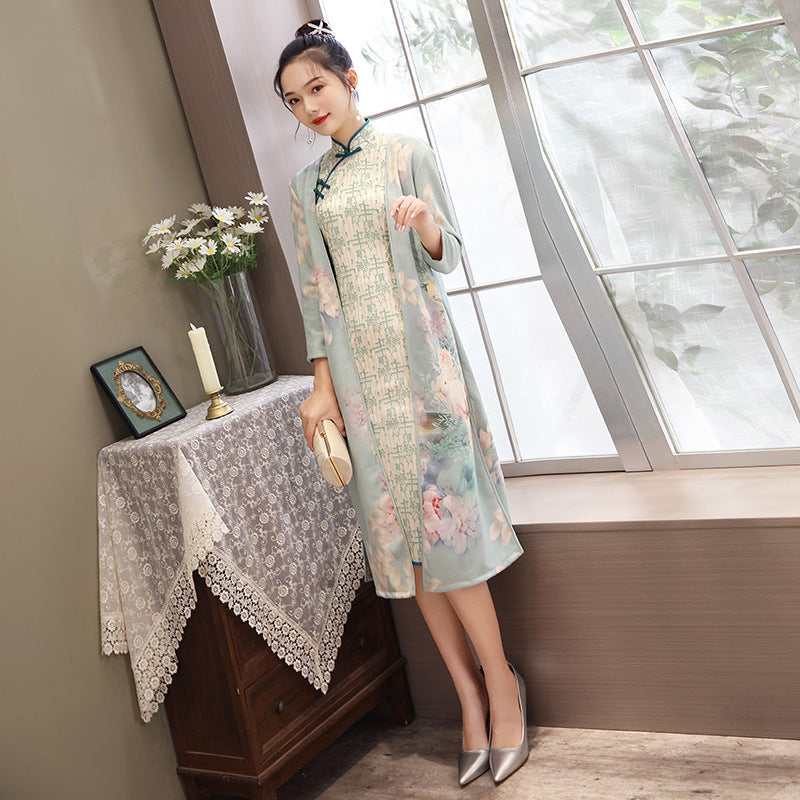 Women's Medium Length Cheongsam With Suede And Aodai Dress Image