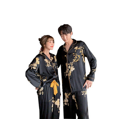 Black Imitation Silk Can Be Worn Outside Couple Pajamas Women Image