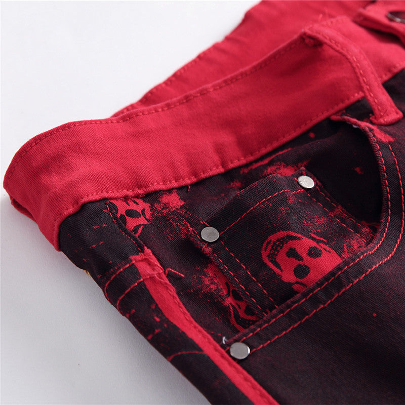 Skull red jeans men's casual jeans Image