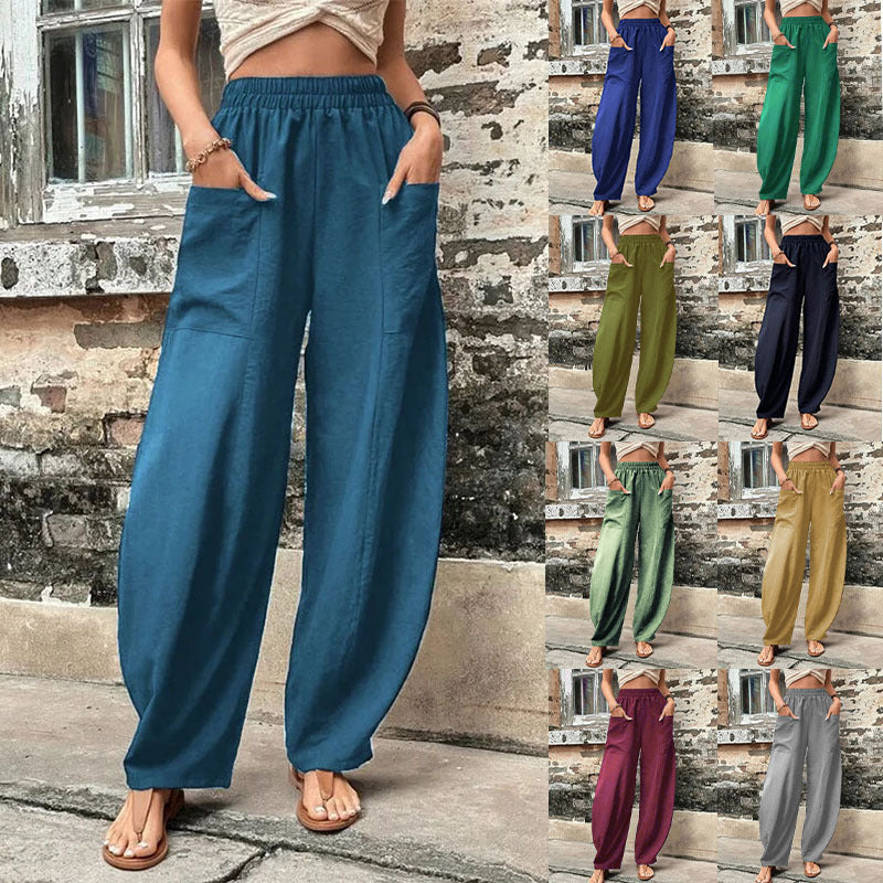 Women's Harem Pants With Pockets High Waisted Casual Beach Pants Loose Trousers Summer