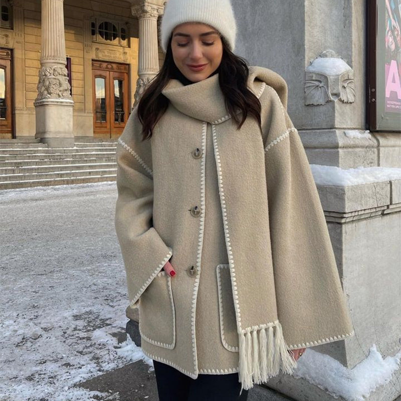 Women's Thickened Woolen Coat With Scarf Tassel Fashion Loose Jacket Autumn And Winter Casual Lady Office Streetwear Image