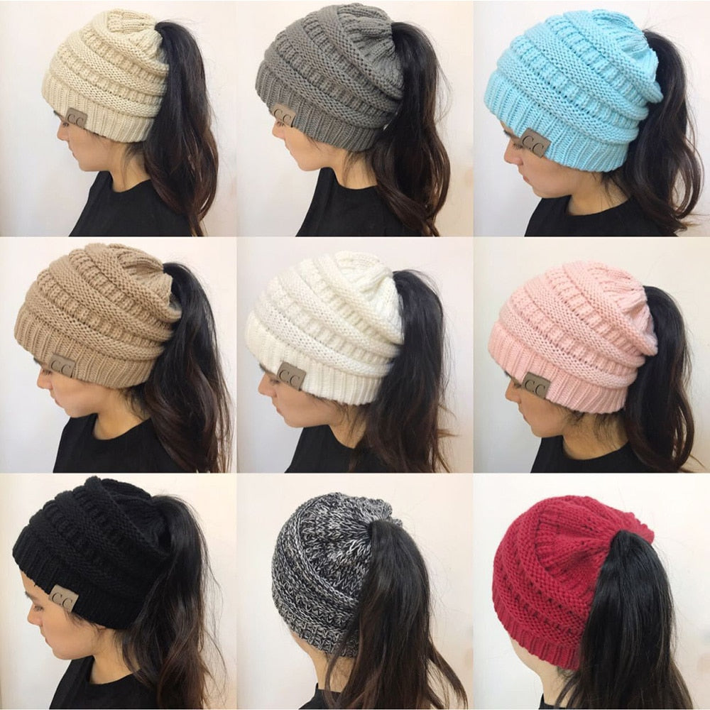 High Bun Ponytail Beanie Hat Chunky Soft Stretch Cable Knit Warm Fuzzy Lined Skull Beanie Acrylic Hats Men And Women Image