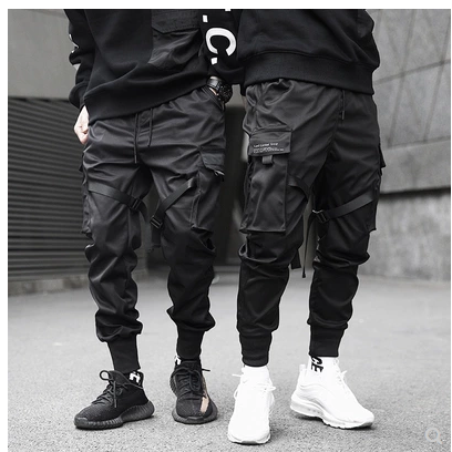 Hot Sale Men Black Hip Hop Cargo Pants Elastic Waist Jogger Trousers Sweatpants Pockets Full Length Casual Fashion Image