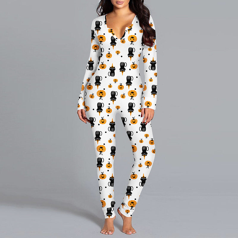 Halloween Printed Jumpsuit Long Sleeve Home Pajamas Casual Trousers Women's Cos Clothing Image