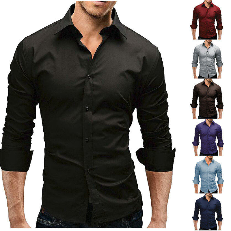 Men's Slim-fit Long-sleeved Solid Color Simple Formal Shirt