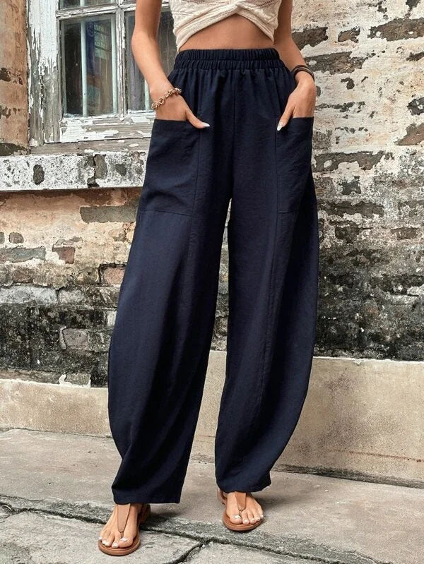 Women's Harem Pants With Pockets High Waisted Casual Beach Pants Loose Trousers Summer Image