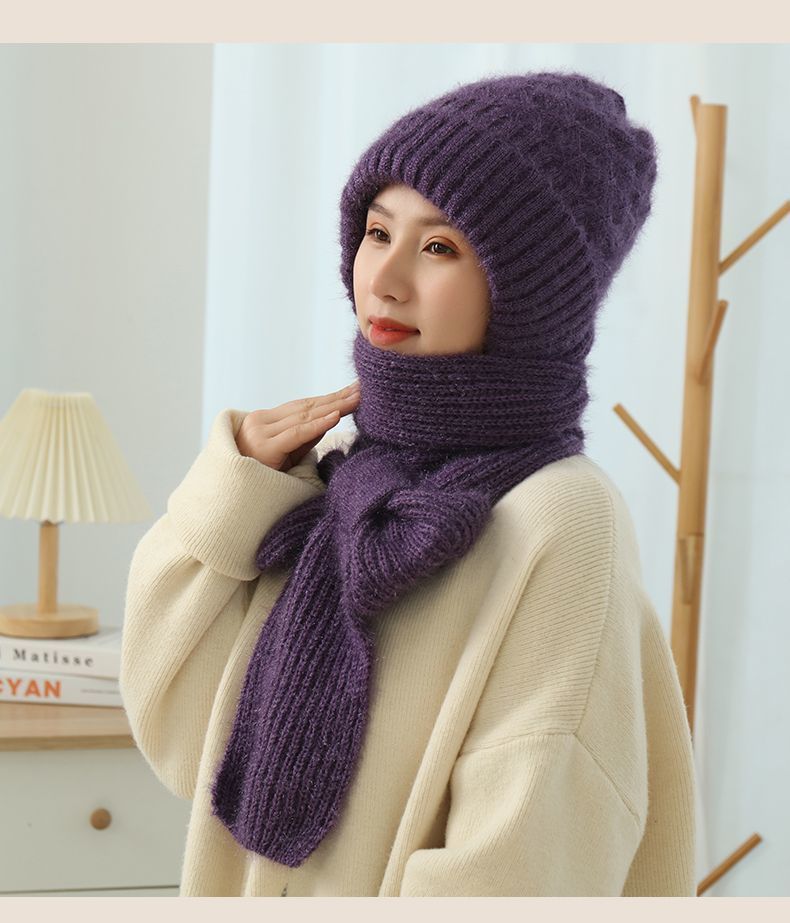 Women's Fleece-lined Scarf And Hat Winter Warm Knitted Hat Scarf Image