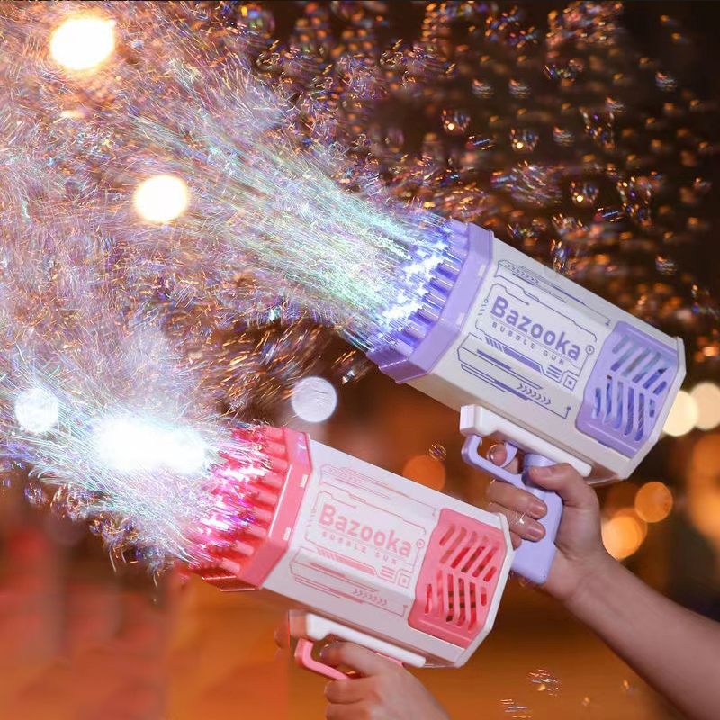 Bubble Gun Rocket 69 Holes Soap Bubbles Machine Gun Shape Automatic Blower With Light Toys For Kids Pomperos Image