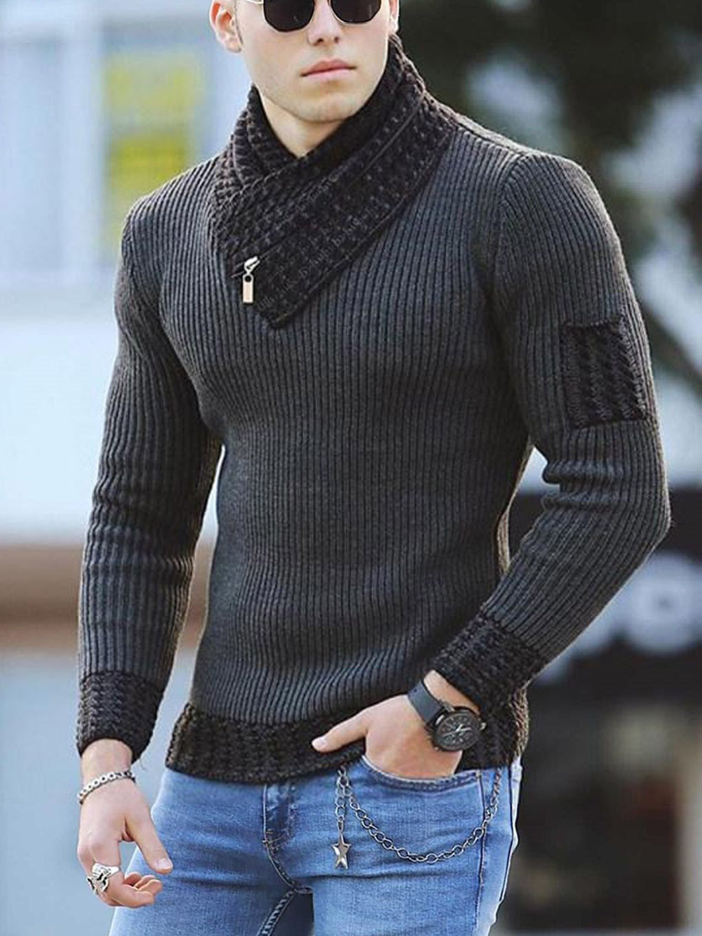 Casual Slim Knit Pullover Long Sleeve Scarf Collar Sweater Men's Image