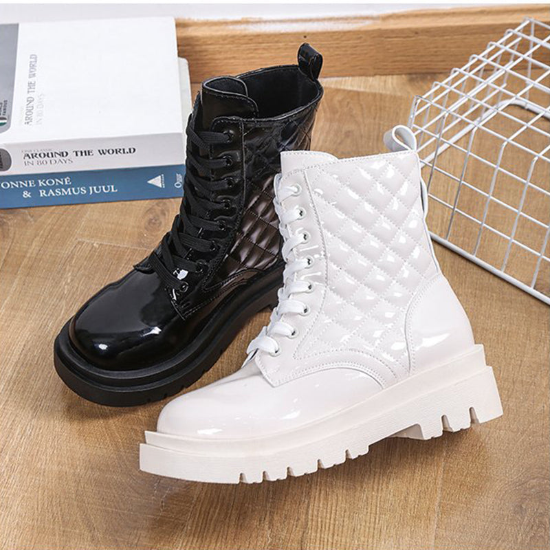 Lace-up Thick-heeled Boots Winter Casual Round Toe Platform Ankle Boots Women Fashion Quilted Pattern Minimalist Motorcycle Shoes Image