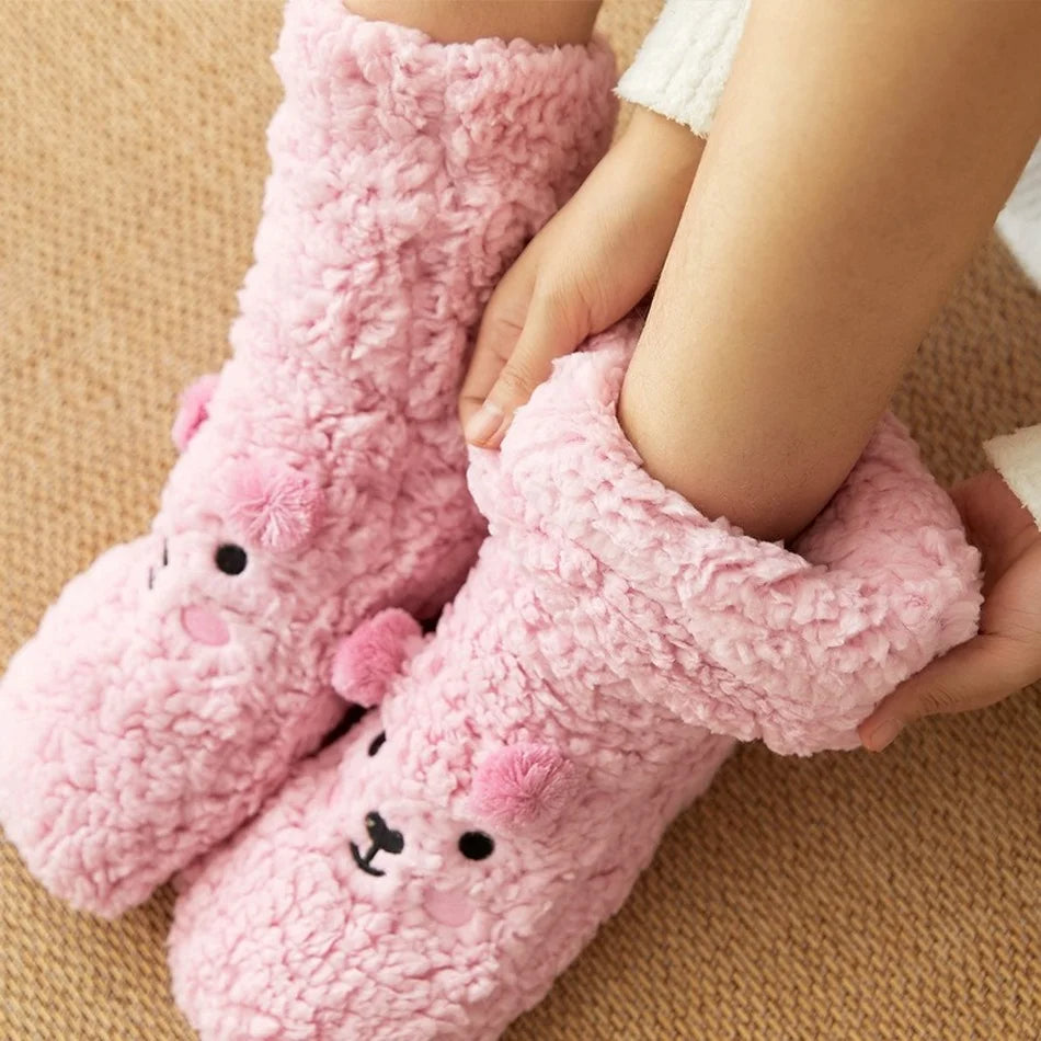 Cute Cartoon Bear Fuzzy Socks For Women, Comfortable Winter Soft Warm Slipper Socks, Casual Sleep Socks For Indoor Women's Fuzzy Socks Winter Warm Fluffy Soft Slipper Home Sleeping Cute Animal Socks Image