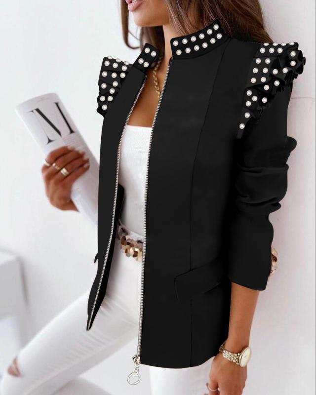 Check Leopard Print Zip Ruffle Shoulder Jacket Image