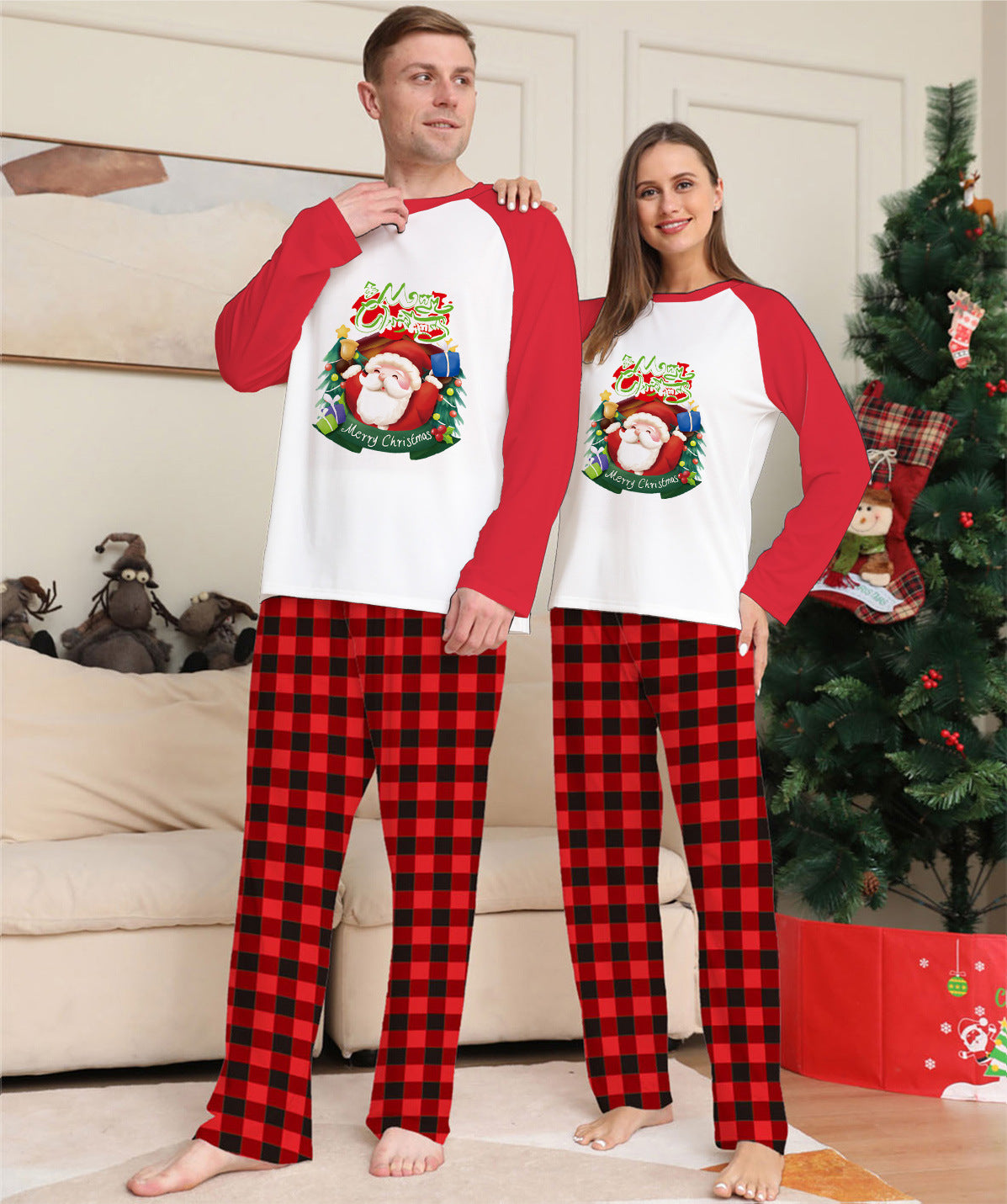 Christmas Parent-Child Clothes Set Long Sleeve T-Shirt Plaid Pants Family Matching Pajamas Image