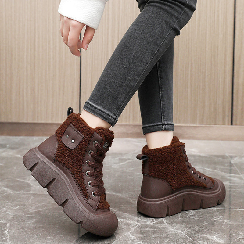 Lace-up High-top Flat Shoes For Women Winter Warm Cashmere Snow Boots Fashion Street Campus Students Height Increasing Shoes Image