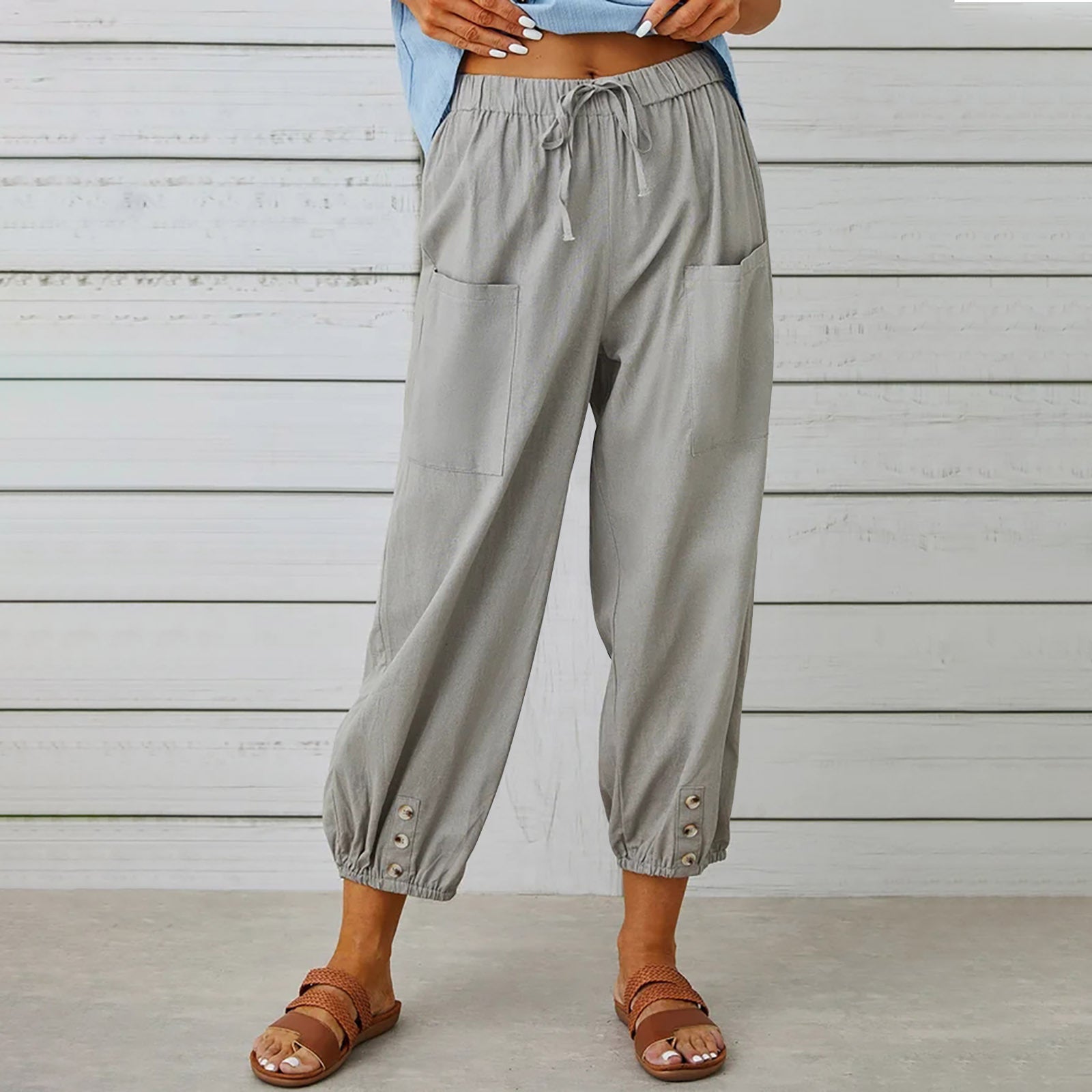 Women Drawstring Tie Pants Spring Summer Cotton And Linen Trousers With Pockets Button Image