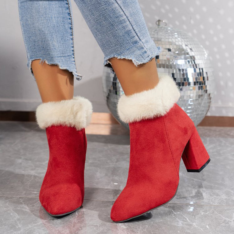 New Plaid Print Plush Ankle Boots Winter Fashoin Square Heel Suede Boots Women Casual Versatile Shoes Autumn And Winter Image