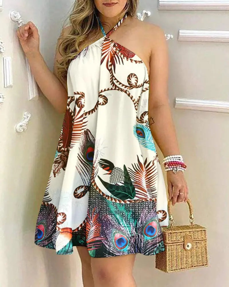 Printed Dress Summer Off-Shoulder Hanging Neck Sleeveless Sexy Dresses Women Image