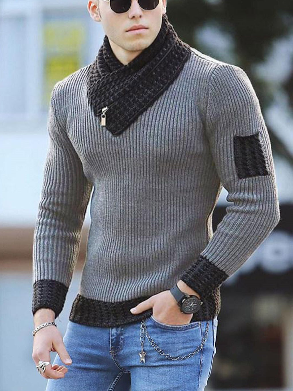 Casual Slim Knit Pullover Long Sleeve Scarf Collar Sweater Men's Image