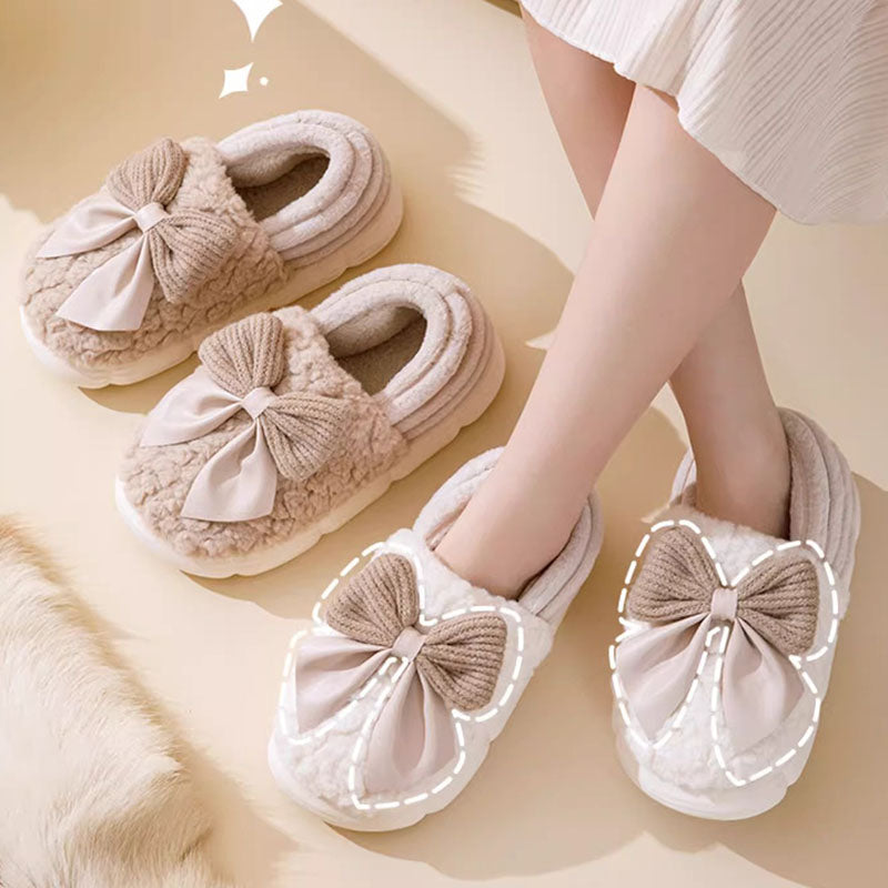 Big Bow-knot Fluffy Slippers Winter Warm Covered Heel Cotton Shoes Fashion Thick-soled Platform Slippers Indoor And Outdoor Garden Walking Shoes Image