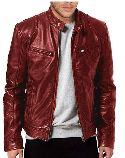 Gentleman's Warm Zipper Cardigan Pocket Decorated Pu Leather Coat Image