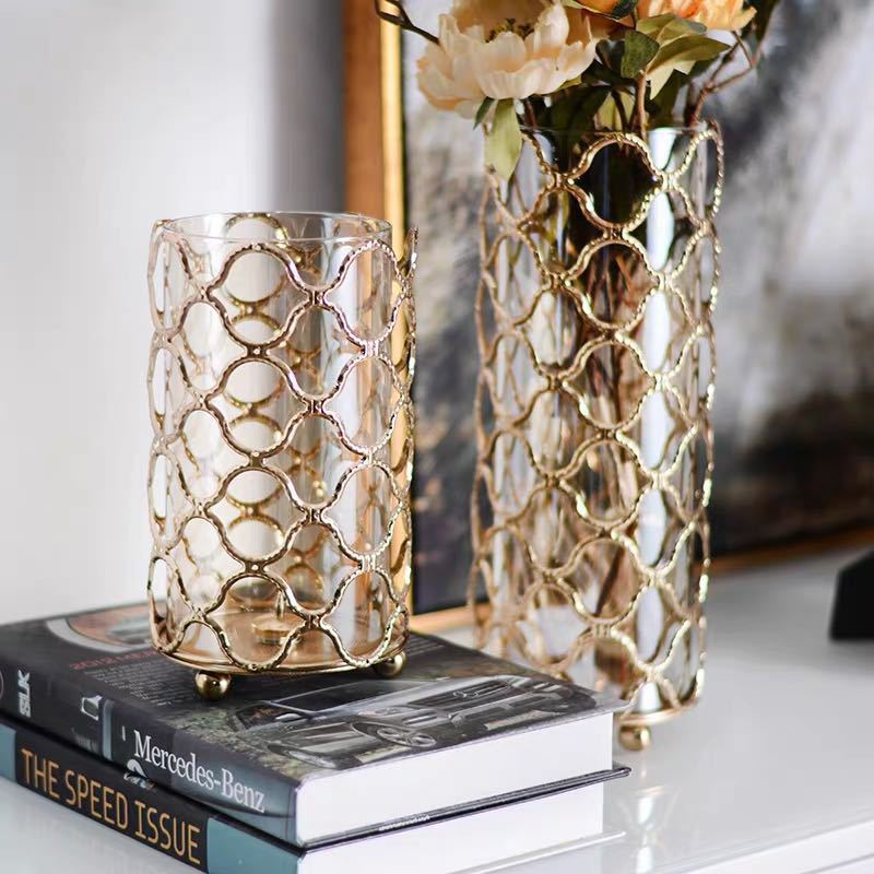 Hollow Out Glass Vases Golden Flower Arrangement Metal Image