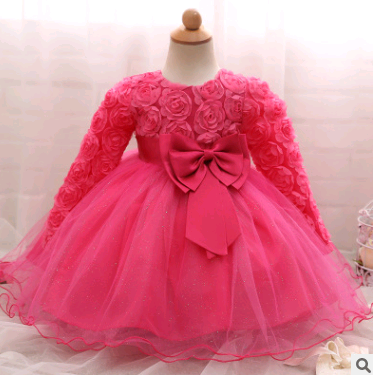 Long-sleeved girls dress rose children's wedding dress skirt Image