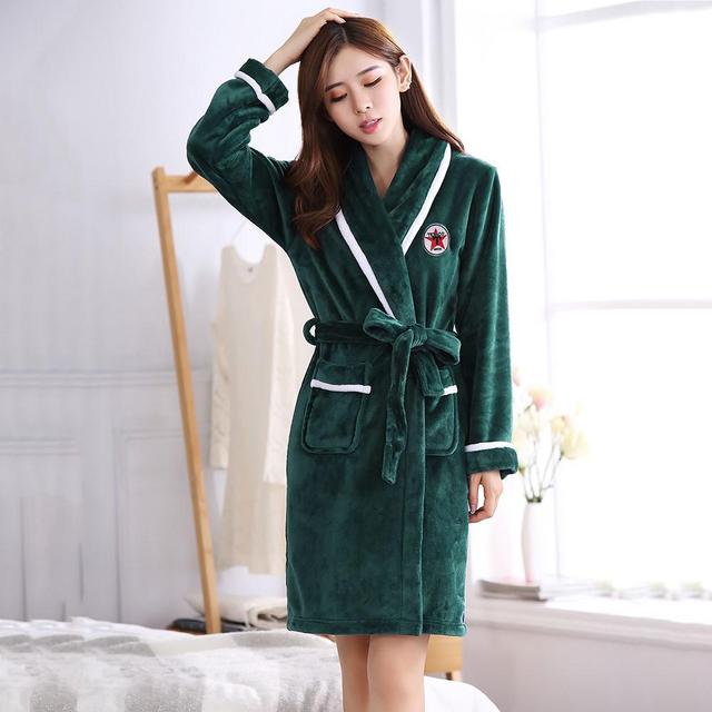 Winter Flannel Lovers Robe Gown Elegant Solid Casual Sleepwe Image