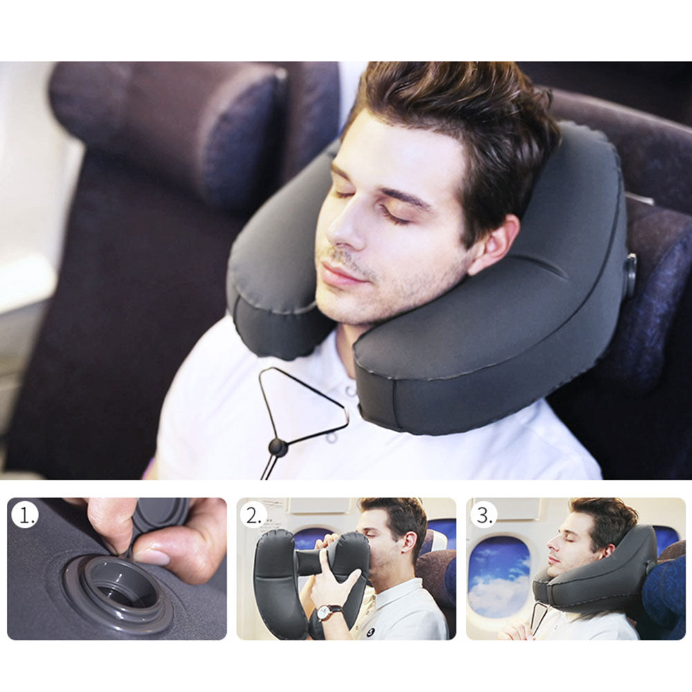 Hooded Travel Pillow H Shaped Inflatable Neck Pillow Folding Lightweight Nap Car Seat Office Airplane Sleeping Cushion Pillows Image