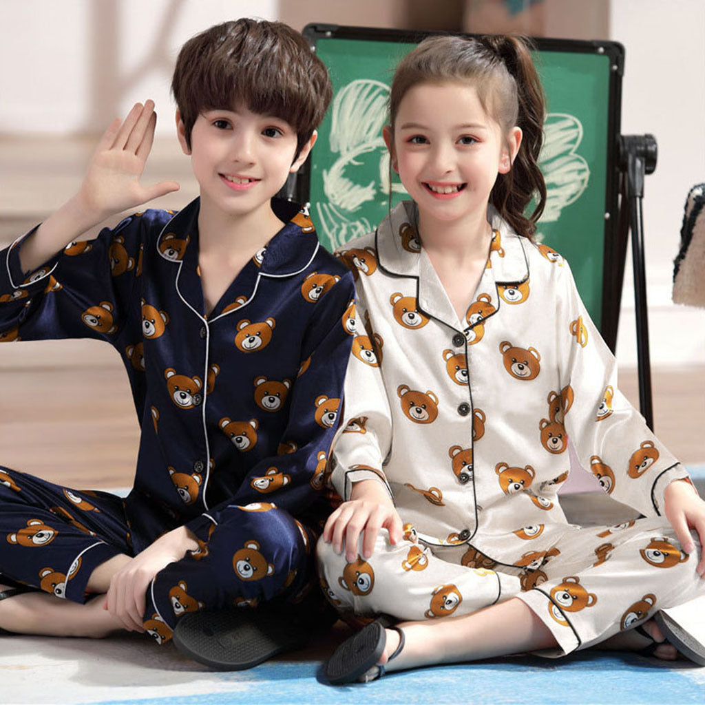 Long sleeve ice silk bear pajamas set for boys and girls Image