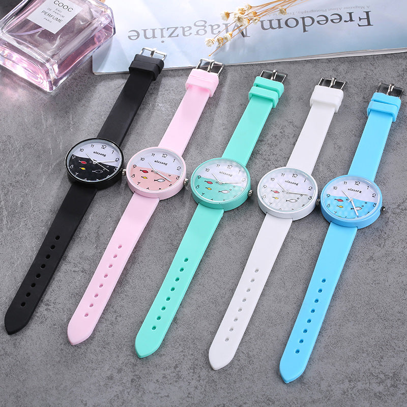 Children Watch For Girls Color Silicone Strap Fashion Quartz Wristwatch Fish Dial Cartoon Kids Clock Image